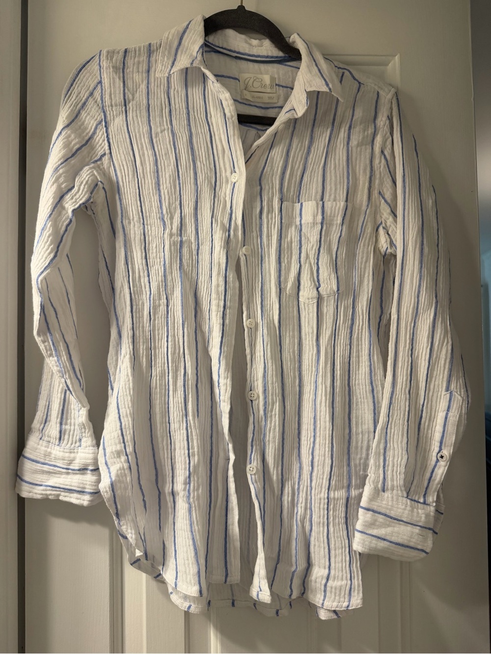 J. Crew White Button-Down Shirt with Light Blue Stripes